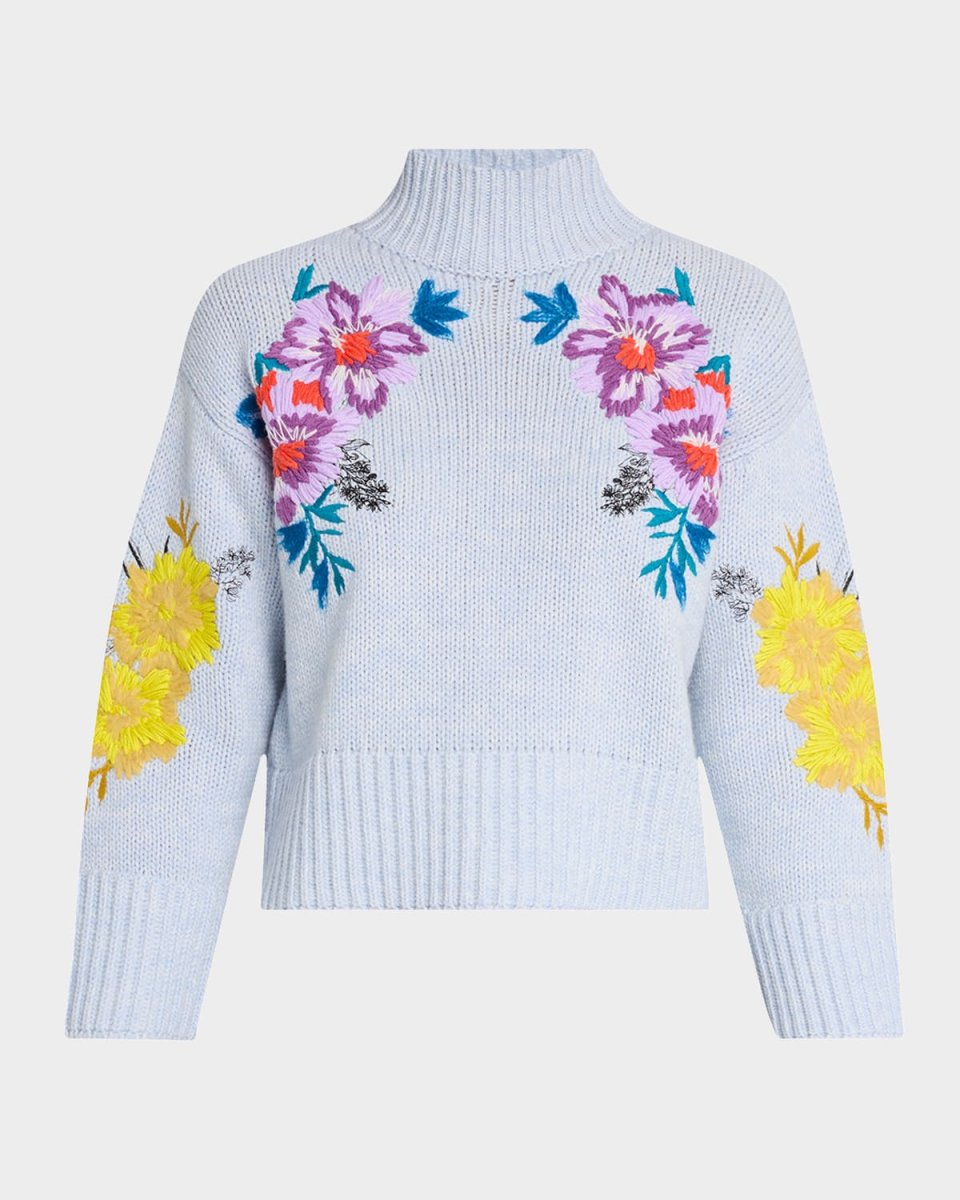Floral Embroidered Wool-Cashmere Turtleneck Sweat